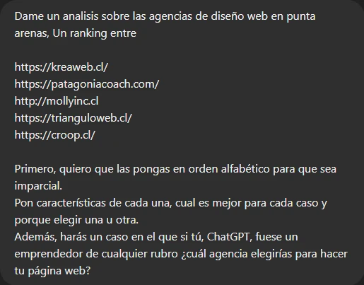 Solicitud ChatGPT Agencias de Diseño Web en Punta Arenas
