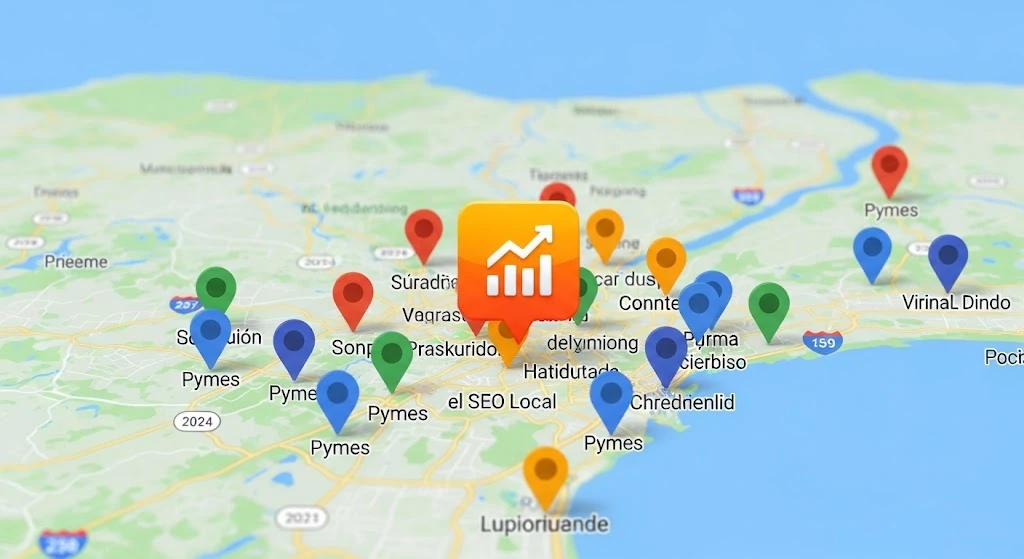 Mapa de Google Maps, con pines brillantes de negocios locales y un trofeo de éxito, simbolizando la visibilidad de las pymes gracias al SEO local