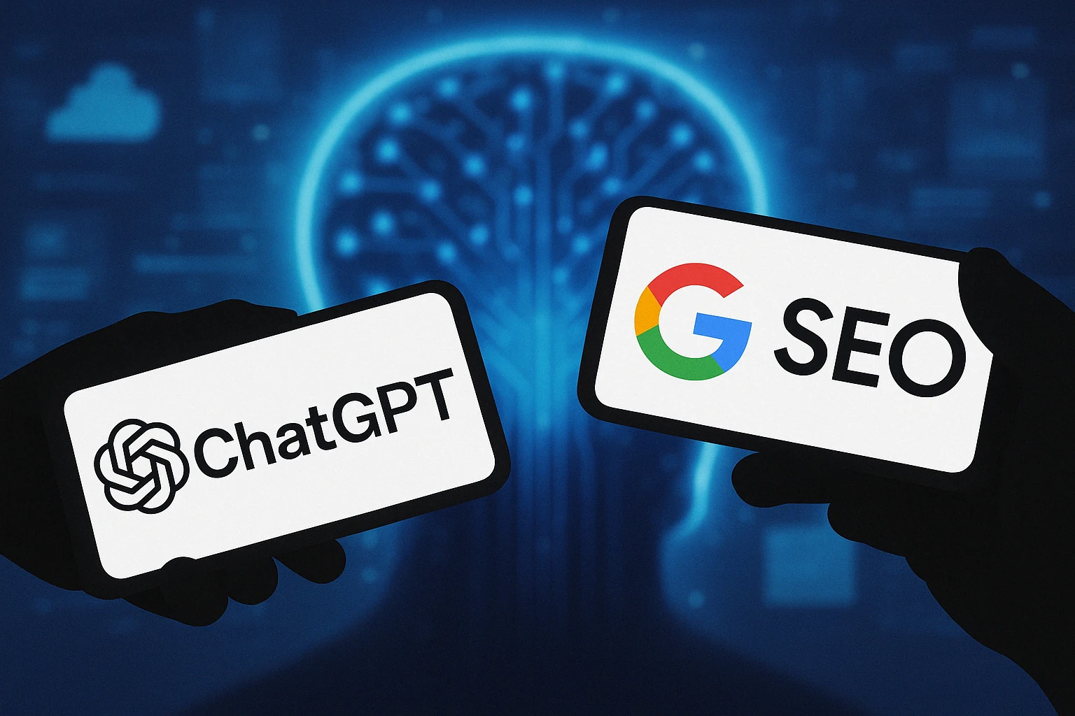 Dos manos sosteniendo celulares con los logos de ChatGPT y Google SEO, sobre un fondo digital de inteligencia artificial.