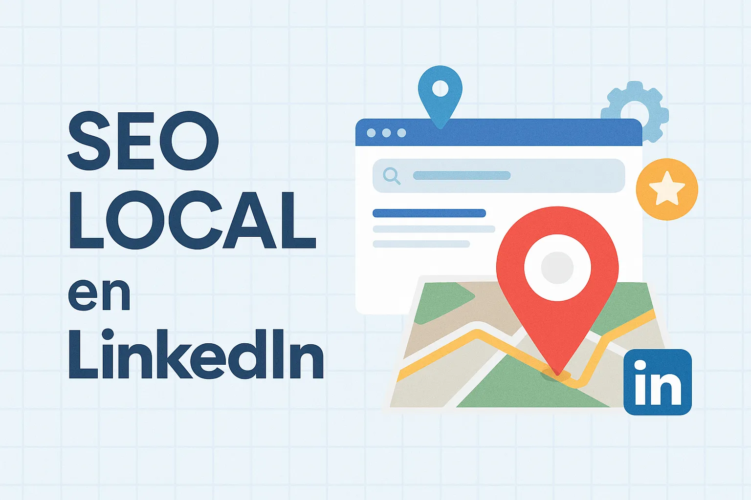 Desbloquea el poder del SEO Local en LinkedIn para tu negocio! Gráfico de SEO Local en LinkedIn que muestra un mapa, marcador y resultados de búsqueda, optimizado para negocios.
